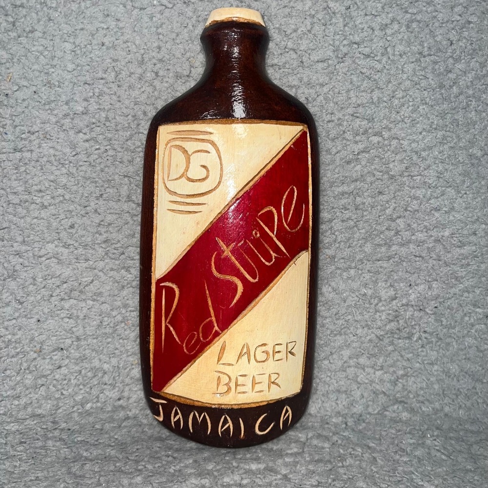 Red Stripe Lager Beer Jamaica Wooden Plaque Bottle Sz 9" Hand Carved Souvenir